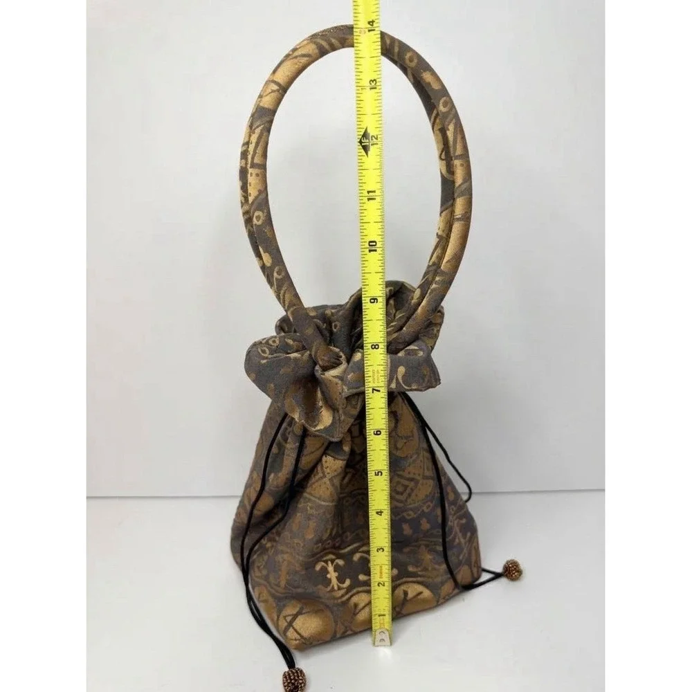 Vintage Gold Bronze Metallic Drawstring Pouch Handbag Geometric Evening Purse